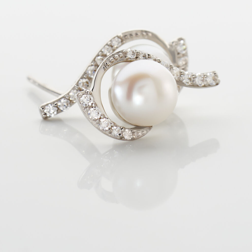 Boucles D'oreilles Puces Cassiopea Or Blanc Oxyde Et Perle De Culture