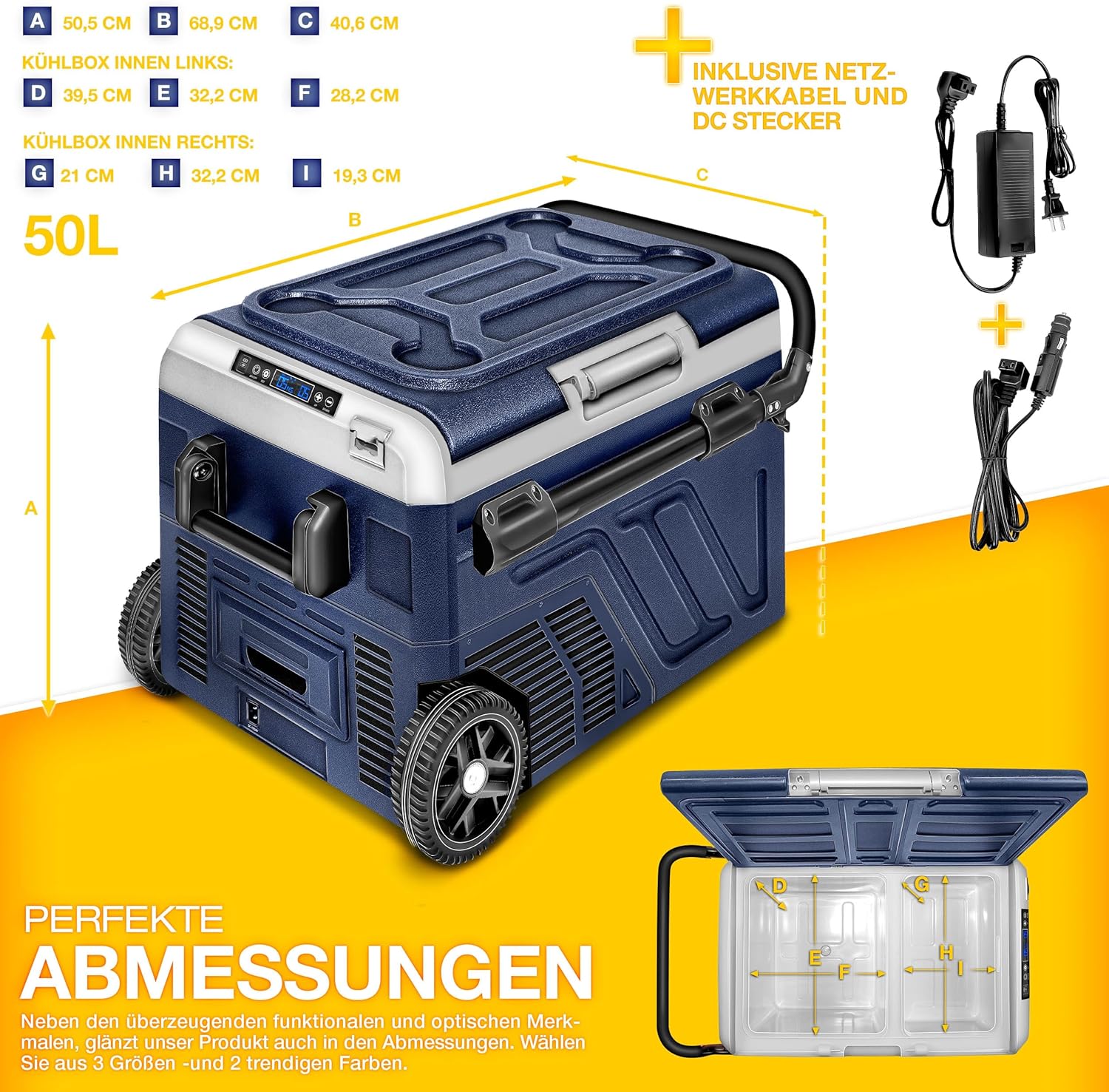 tillvex® Kompressor Kühlbox elektrisch 40-60 Liter | Elektrische Gefrierbox WIFI-APP-Steuerung 12/24 V 230V | Kühlschrank bis -20 °C für Auto, Lkw, Camping (Navyblau, 50 Liter)