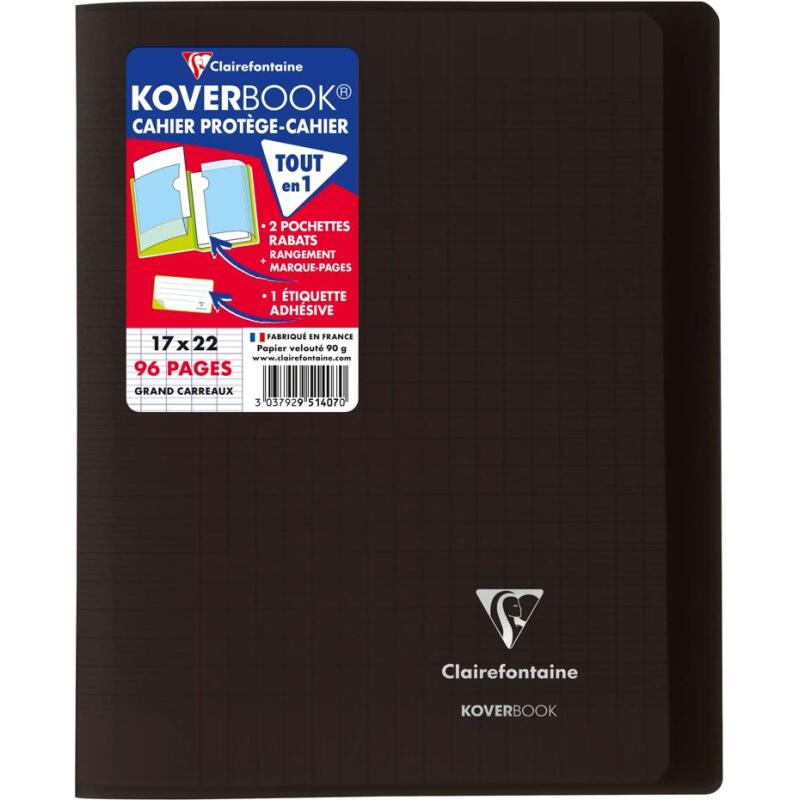 Cahier piqué Koverbook 17x22cm 96 pages grands carreaux couverture polypropylène transparent