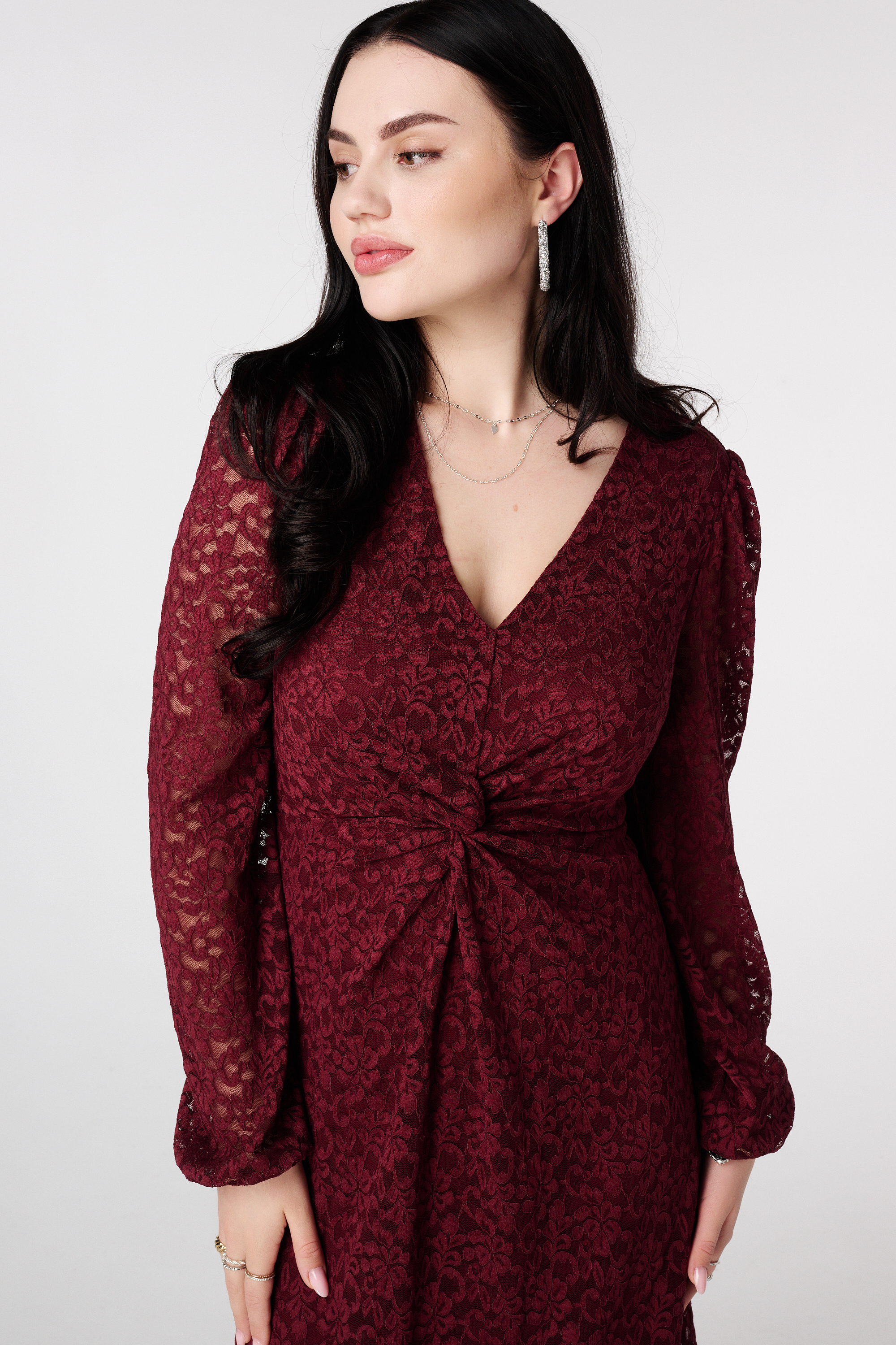 Jurk van kant met knoopdetail Donker rood