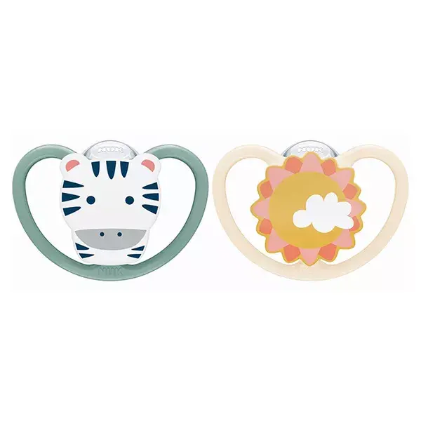 Chupeta fisiológica de silicone Nuk Space +6m Zebra Sun, pacote com 2 unidades.
