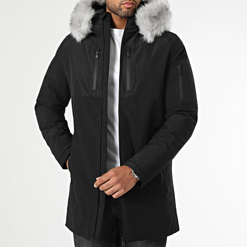 Parka Capuche Bimatière Avec Fourrure Grise 0078 Noir