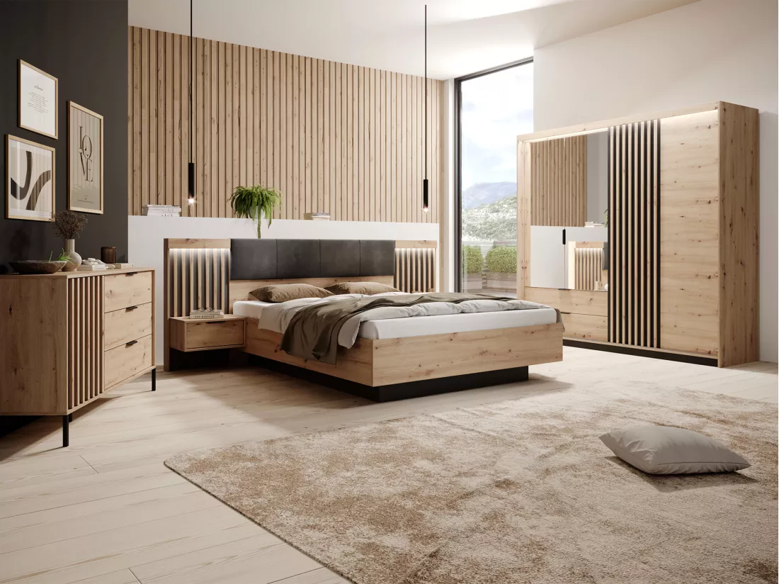 Ensemble lit avec chevets 160 x 200 cm + Sommier + Commode + Armoire - Coloris : Naturel et noir - ARIADA