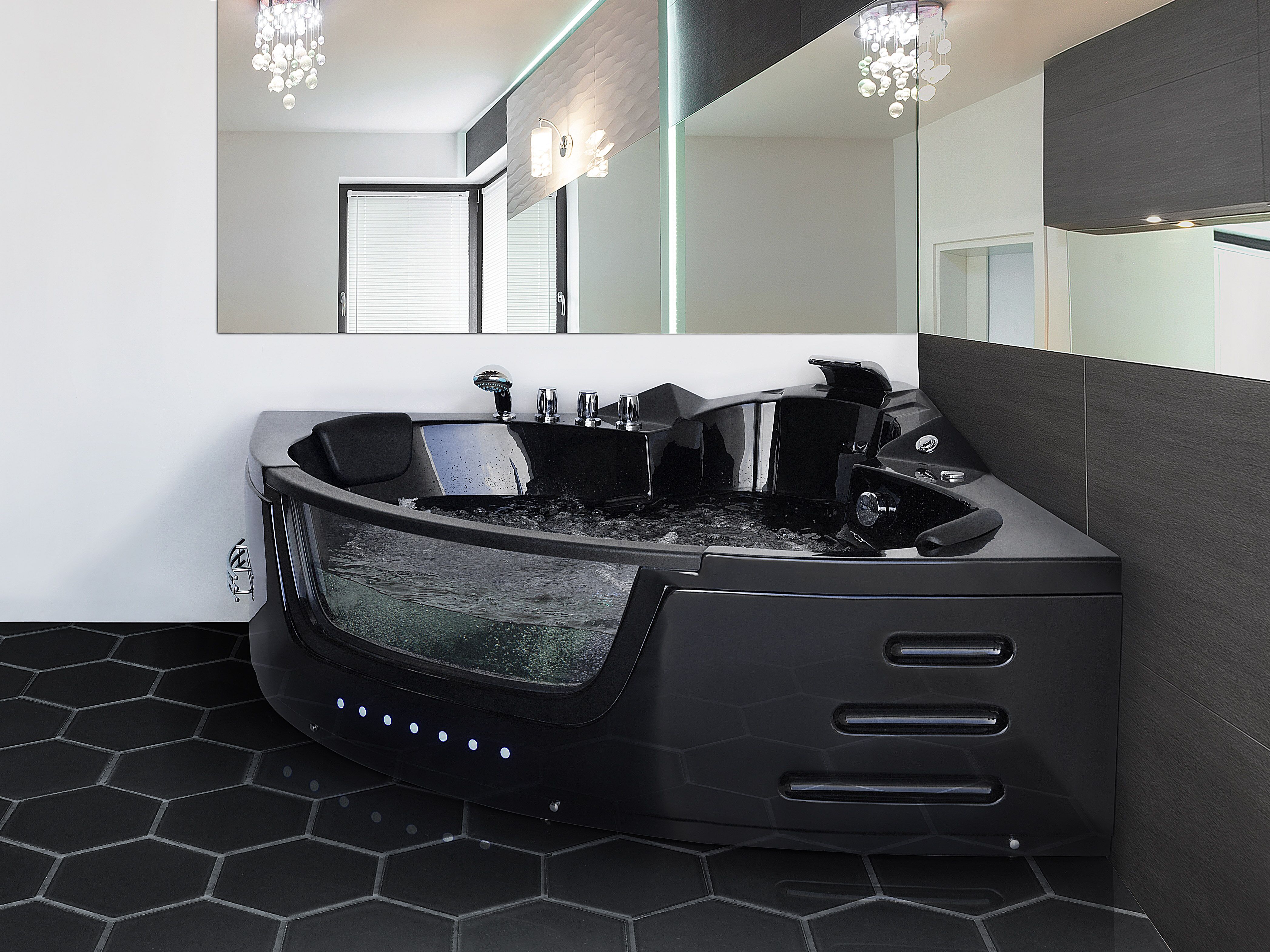Hoek bubbelbad met LED MARTINICA 214 x 155 cm Zwart
