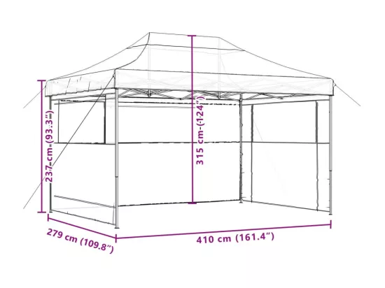 Tente de réception pliable escamotable avec 3 parois latérales