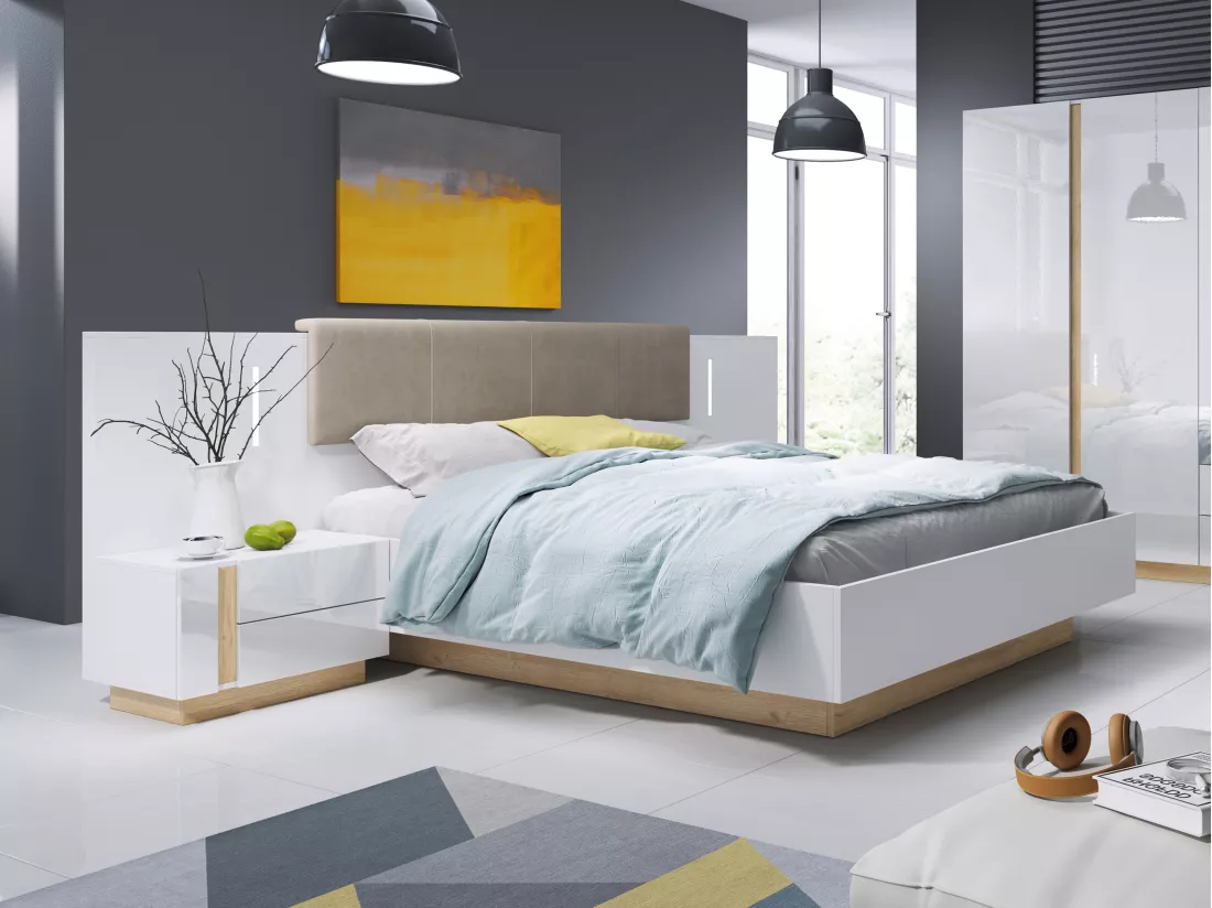 Lit avec chevets 160 x 200 cm - Avec LEDs - Blanc et naturel + Sommier + Matelas - MURARI
