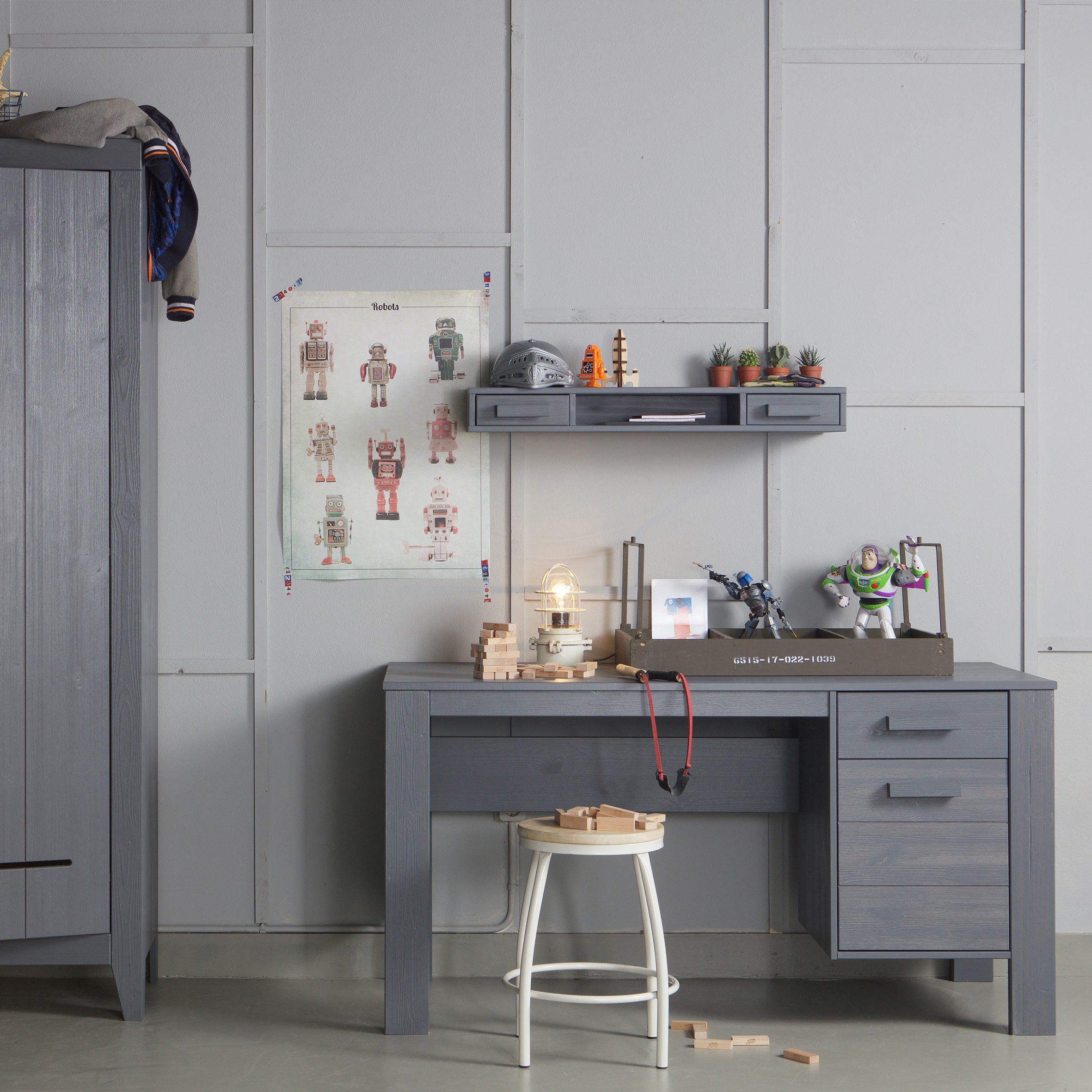 Woood Dennis Bureau - Grenen - Staalgrijs - Geborsteld