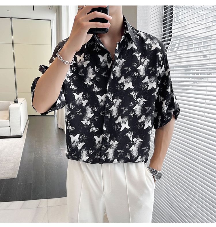 Orungeetun - Elleboogmouw vlinderprint shirt