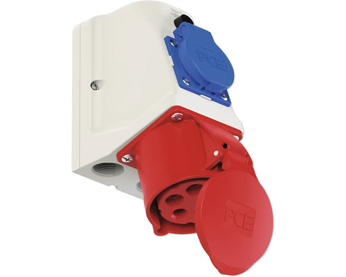 CEE wandcontactdoos PCE Combo 32A IP44 5-polig grijs/rood/blauw