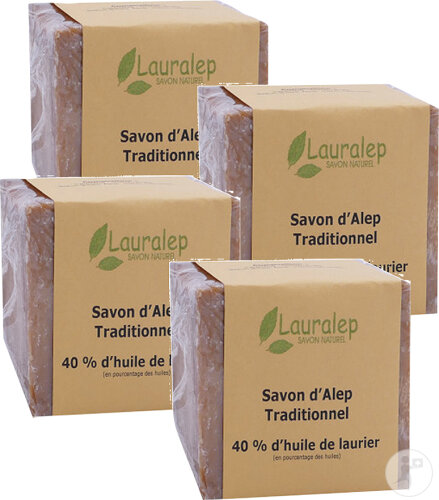 Pack de 4 Lauralep Savon D'Alep Traditionnel Syrie 40% D'Huile de Laurier 200g