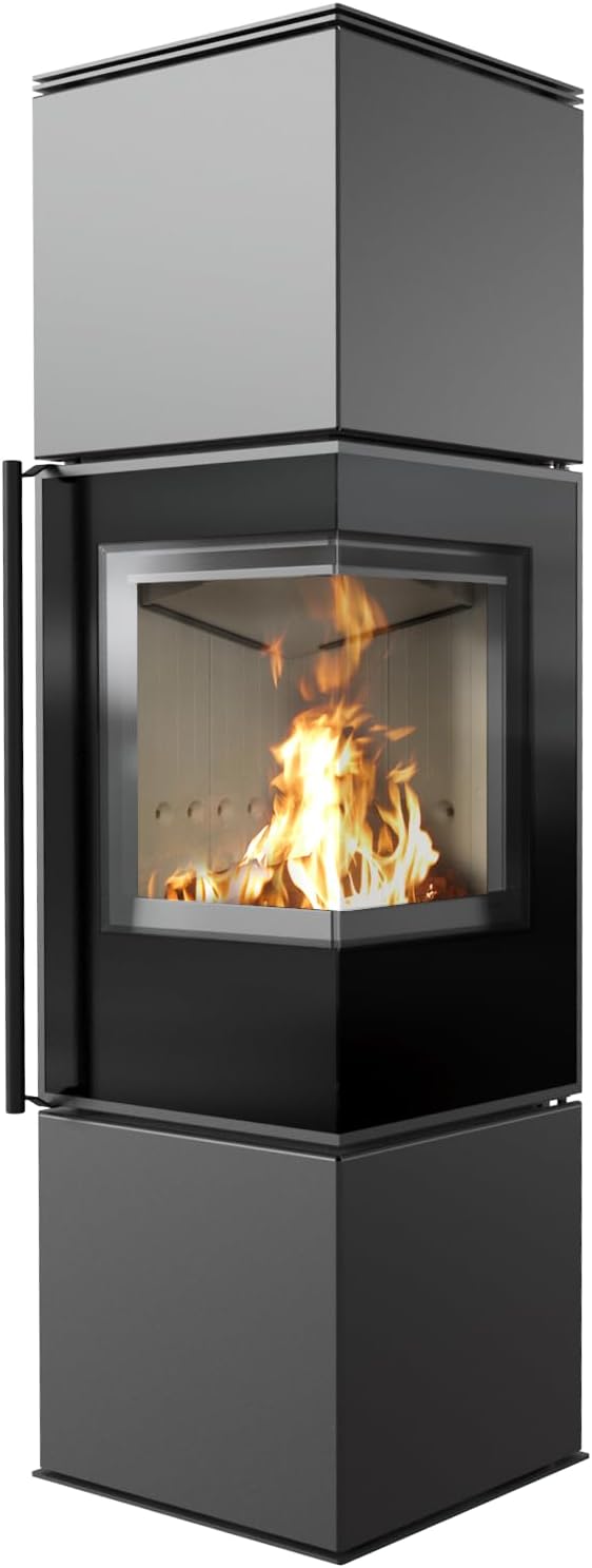 KRATKI Ren/M Eckkamin 7 kW – Freistehender Kaminofen aus Stahl Ø 150 mm 2 Seiten Glas - BImSchV 2, Ecodesign & Flamme Verte - doppelseitige Sichtscheibe, Tür rechts