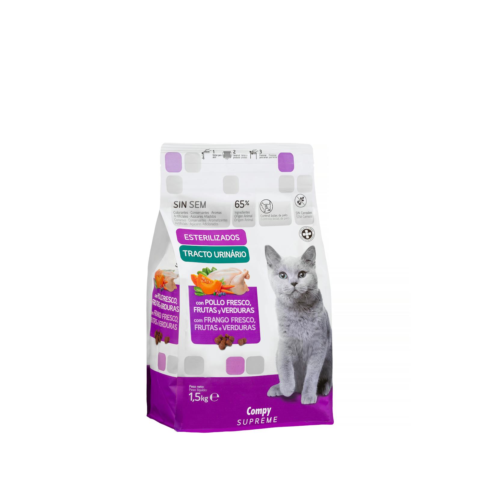 Nourriture pour chats adultes stérilisés Supreme Compy light avec poulet frais, fruits et légumes