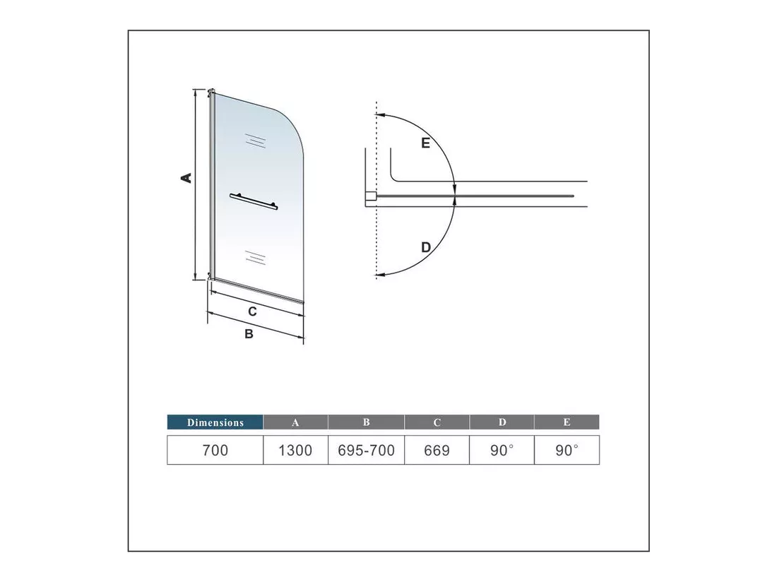 Pare-baignoire 70x130cm pivotant 180° en verre trempé, paroi de baignoire avec porte-serviette