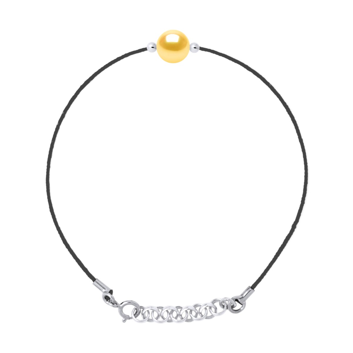 Bracelet LOVE LINK Perle d'Eau Douce Ronde 9-10 mm Dorée Lien Nylon Noir Argent 925