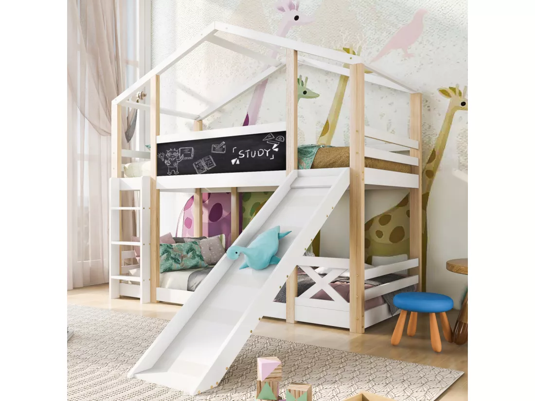 Lit superposés, Adultes, enfants, adolescents Cabane 90 x 200 cm, Toboggan, Échelle Inclinée et Protection Antichute