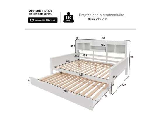Canapé-lit gigogne 140x200 cm - Lit gigogne 90x190 cm - avec rangement - sommier à lattes - pin multi - blanc (matelas non inclus)