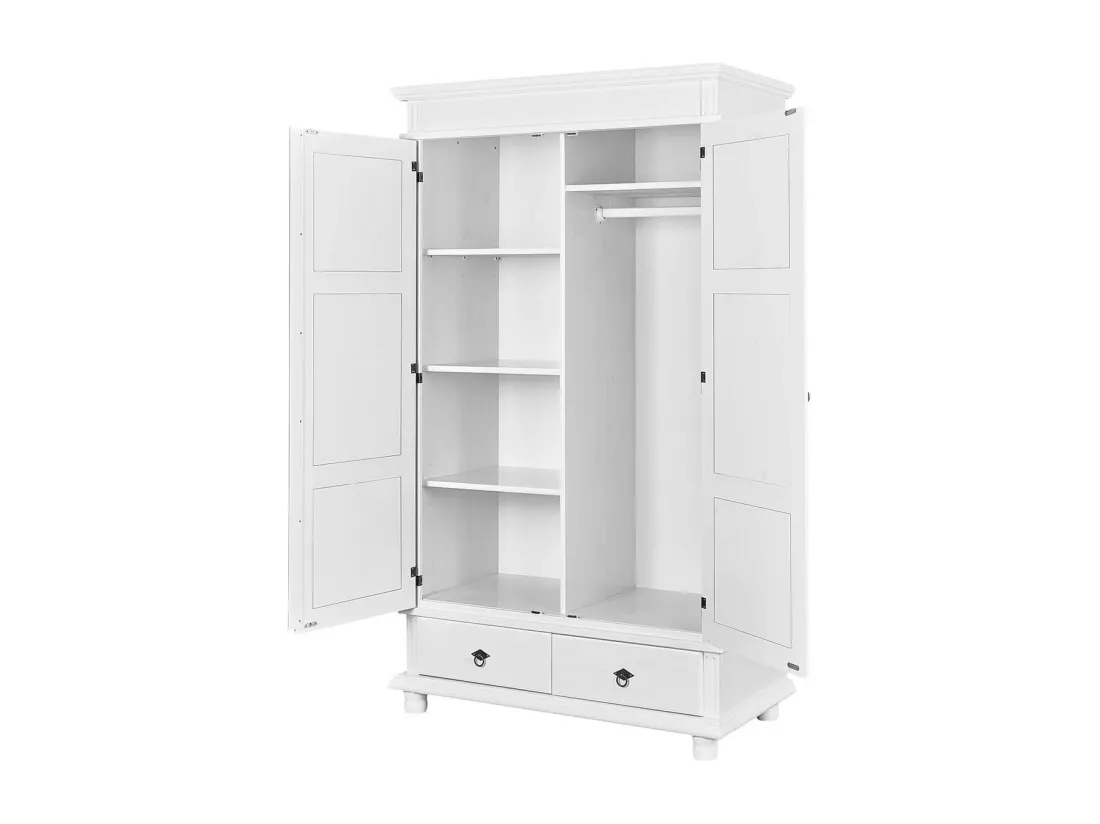 TRISTAN - Armoire 2 Portes 2 Tiroirs Bois Massif Vernis Blanc