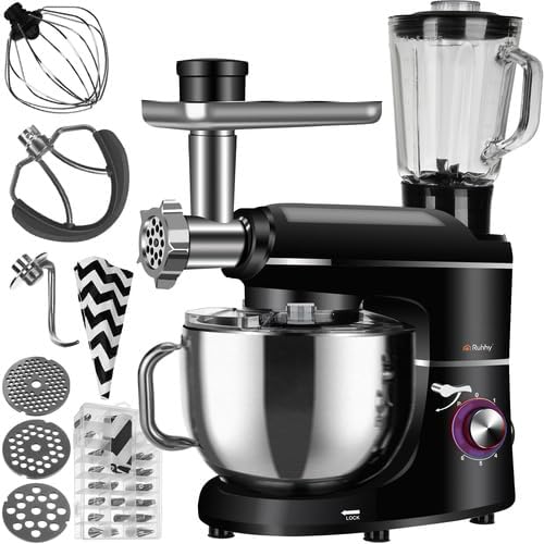 Ruhhy Küchenmaschine Edelstahlschüssel 6,2 l, 2200 W - 6 Geschwindigkeitsstufen + Pulsfunktion Küchengeräte für Kuchen und Brot mit Backzubehör für Hobby- & Profiköche