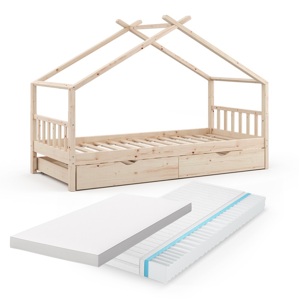 VitaliSpa Kinderbett Hausbett Gästebett Design Lattenrost 90x200 Matratze Natur