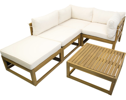Loungeset voor 4 personen bestaande uit: fauteuil, kruk, houten tafel inclusief kussens