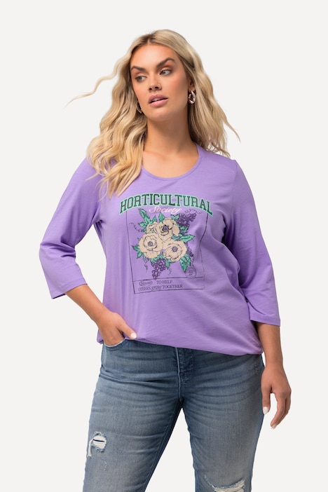 Shirt, Blumenmotiv, Gummisaum, Rundhals, 3/4-Arm