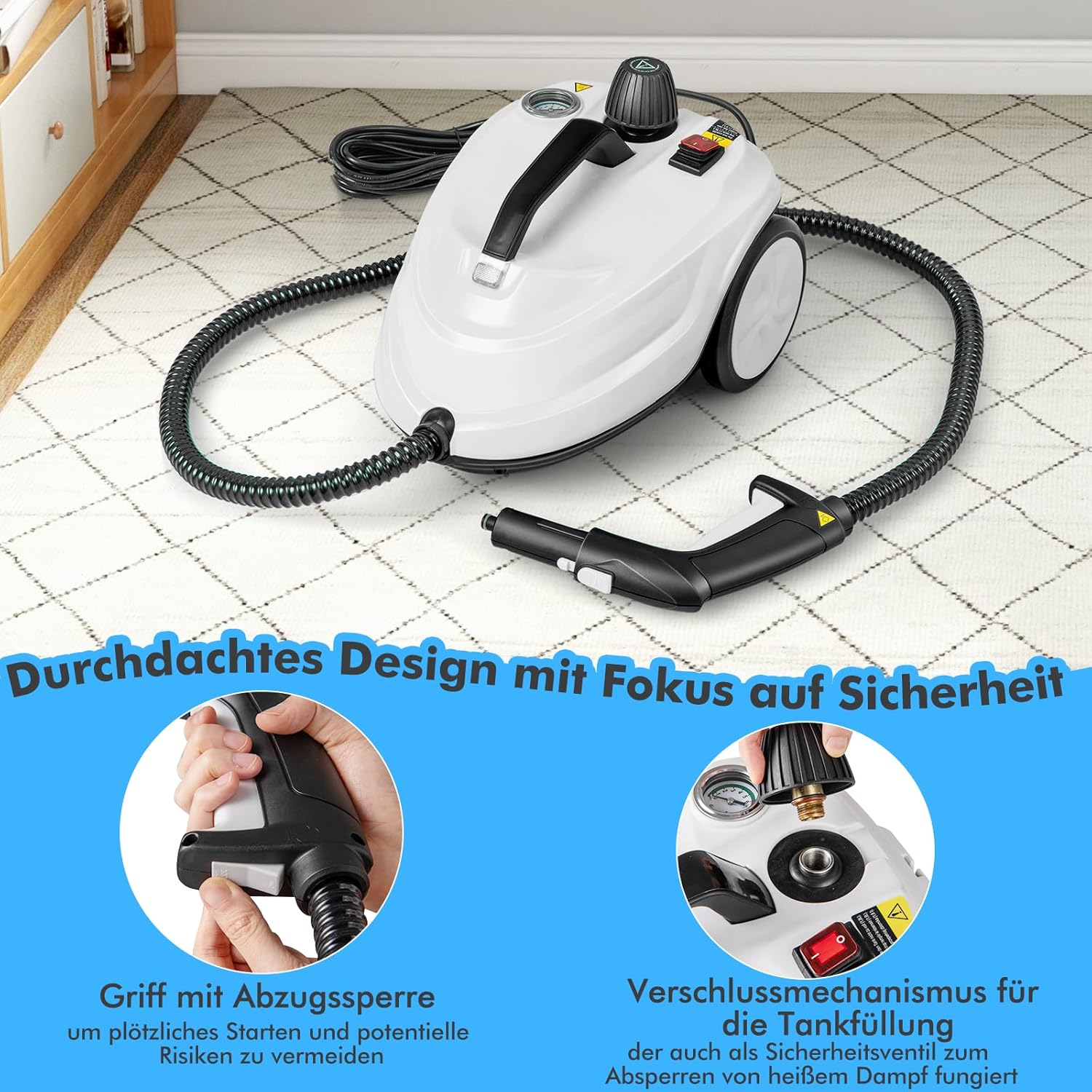 COSTWAY Dampfreiniger 2000W, Dampfdruck: max. 5 bar, Temperatur bis zu 160℃, Flächenleistung: 108 m², 1,8L Tank, Aufheizzeit: 8 Min., Dampfgeräte inkl. 13 Zubehör & 5m lange Netzkabel (Weiß)