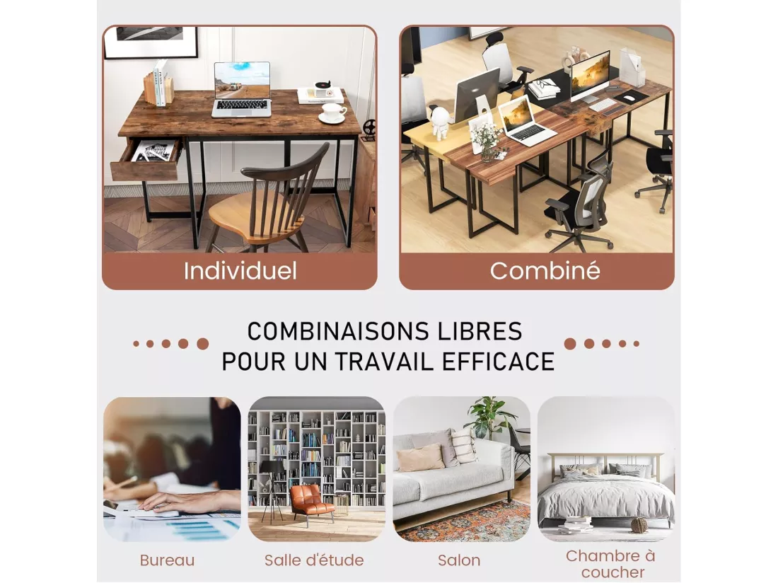 Bureau d'Ordinateur Industriel 120 x 55 cm, Table avec Tiroir, Design Élégant, Postes de Travail pour Bureau, Salon, Chambre, Facile à Assembler, 120 x 55 x 75 cm (Marron Rustique)