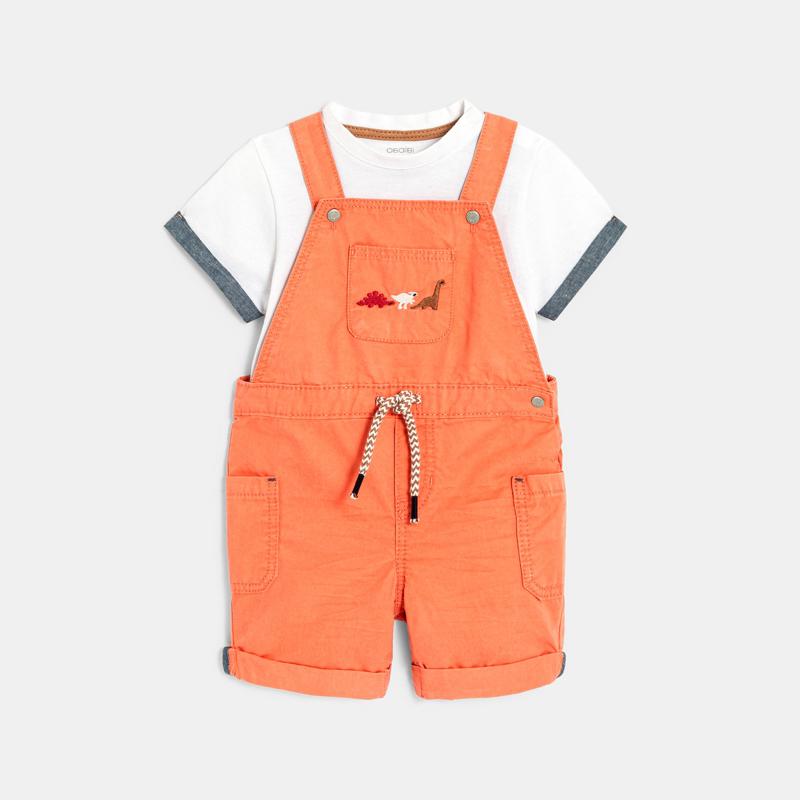 Salopette courte dinosaures et t-shirt maille piquée orange bébé garçon Orange