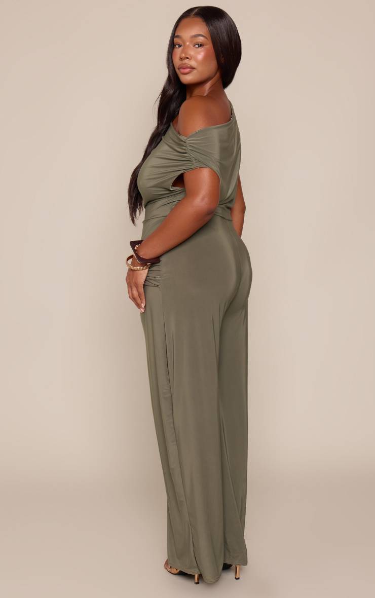 Vert Olive Combinaison Grande Taille À Col Asymétrique Et Jambes Larges En Jersey Fluide
