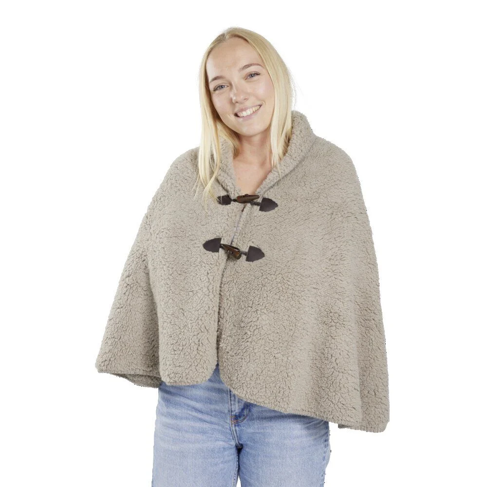 Veste plaid châle moutonné marron 75x150cm avec boutons à brandebourg