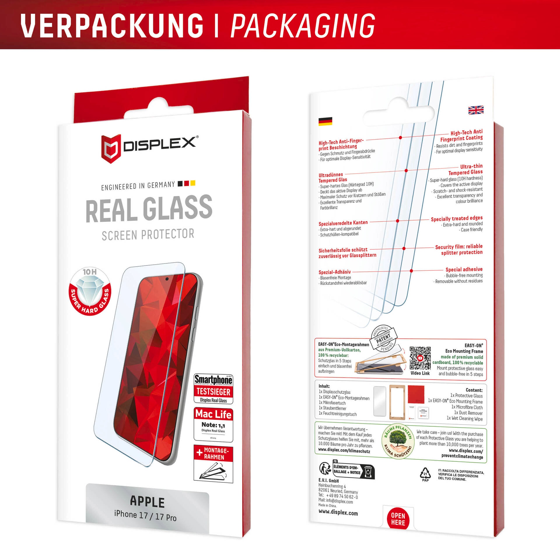 Displex Displayschutzglas »Real Glass Screen Protector« für Apple iPhone 17;Apple iPhone 17 Pro Displayschutzfolie, Schutzfolie, Bildschirmschutz, kratz- & stossfest
