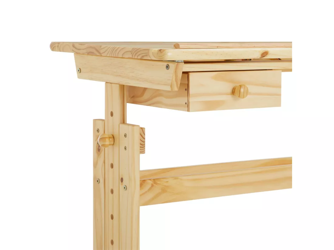 Bureau enfant écolier junior FLEXI table à dessin réglable en hauteur et pupitre inclinable avec 1tiroir en pin massif vernis nature