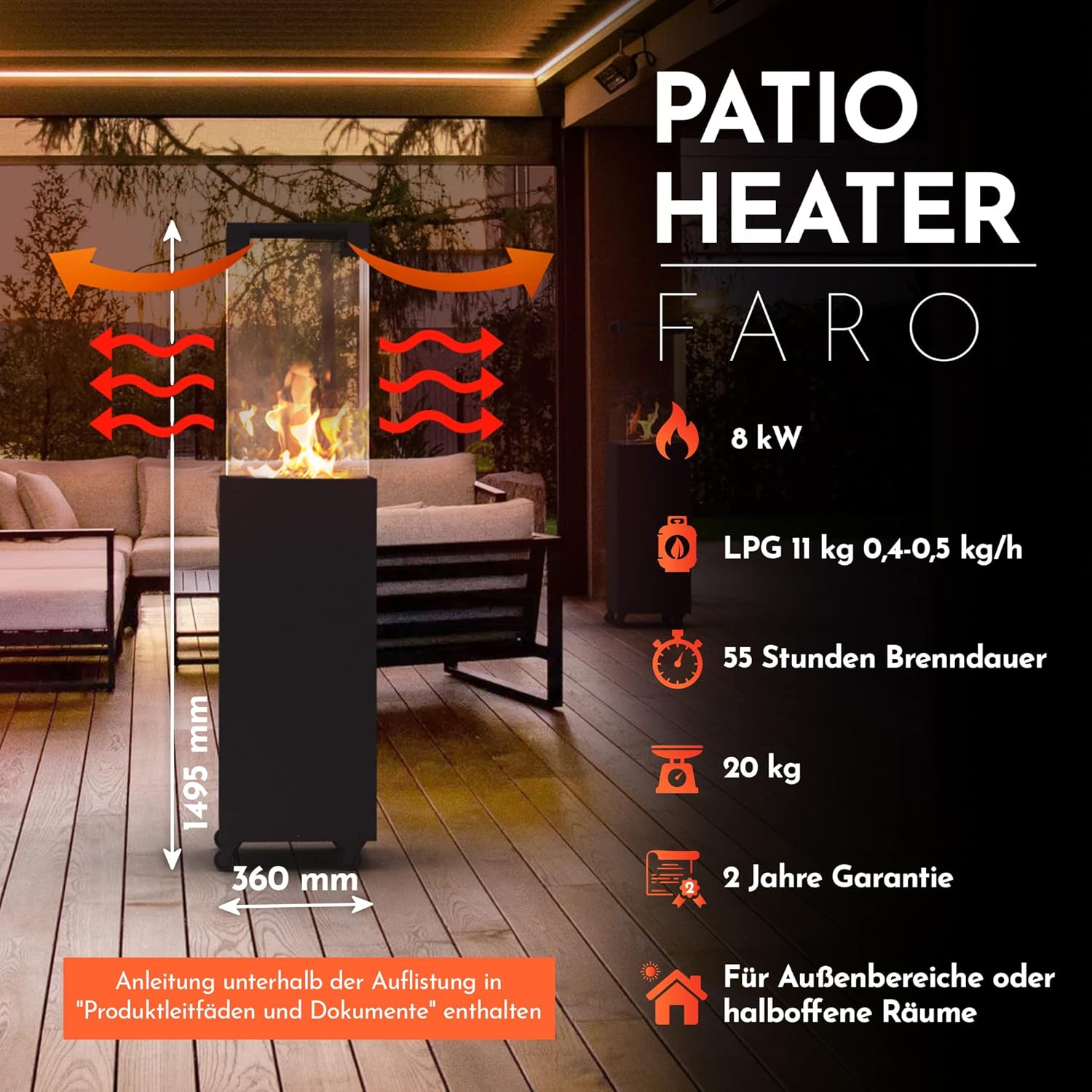 Planika - Faro - Gartenkamin Aussenkamin Terrasse Balkon Kamin Feuerstelle Outdoor Terrassenkamin Gaskamin Kamin Outdoor - bis zu 8 kW - Angetrieben Durch LPG - Eingebaute Rollen - Brenndauer 55 Std
