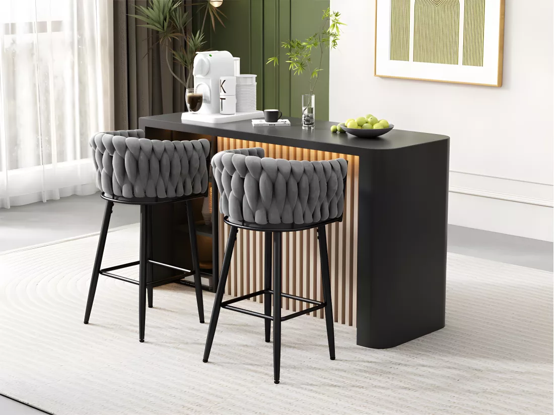 Lot de 6 Tabourets de bar - tissu en velours - pieds en métal - Gris