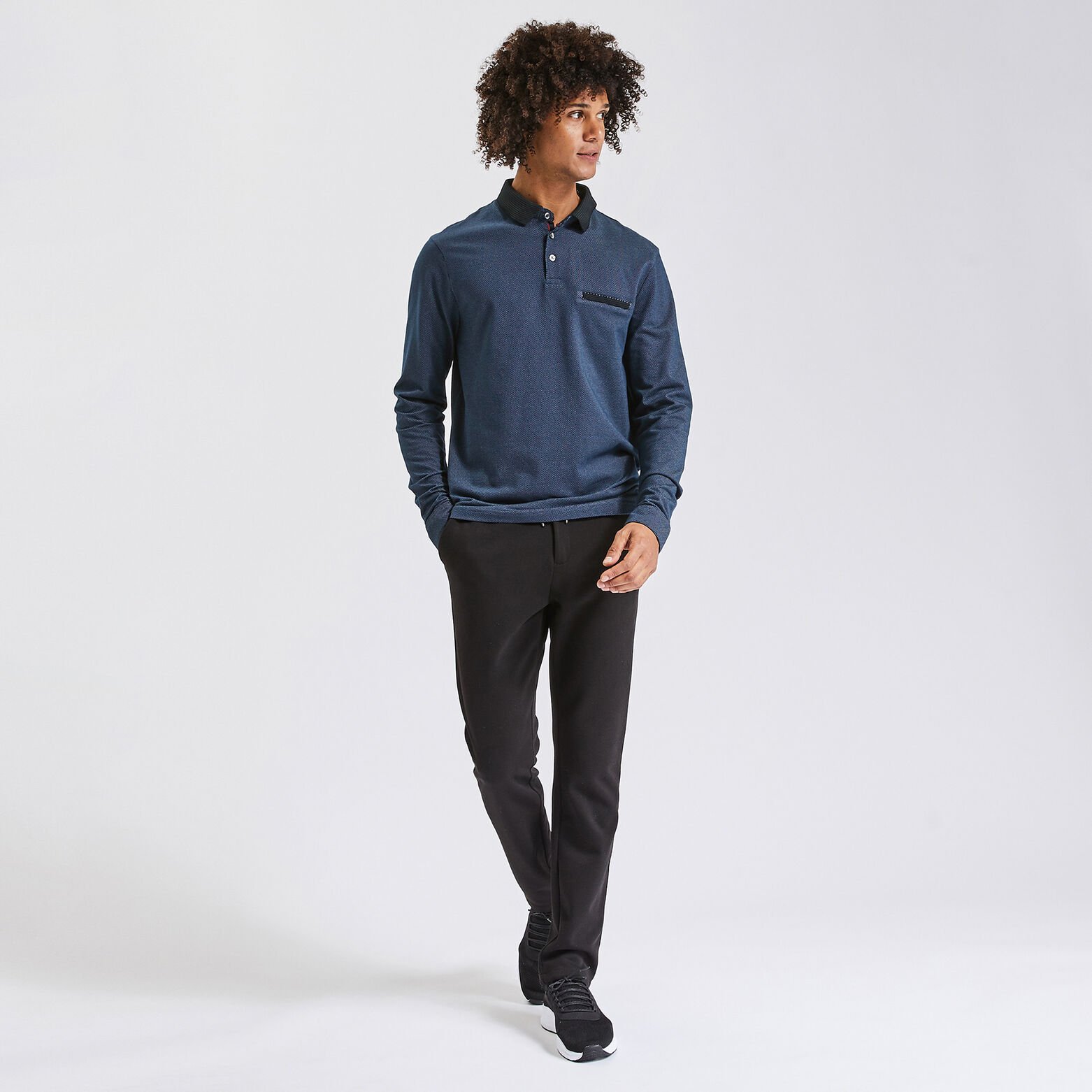 Polo manches longues jacquard col fantaisie Bleu foncé