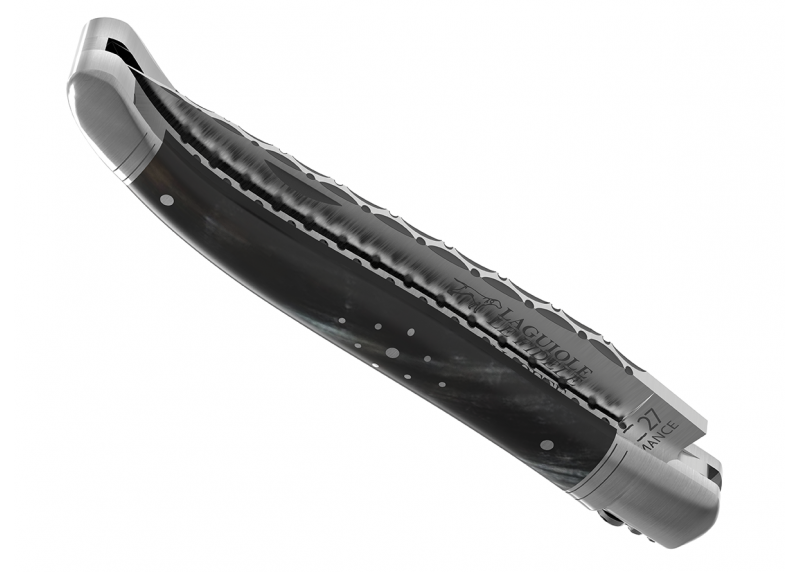 Couteau Laguiole prestige avec un manche en corne brune et mitres en acier inoxydable