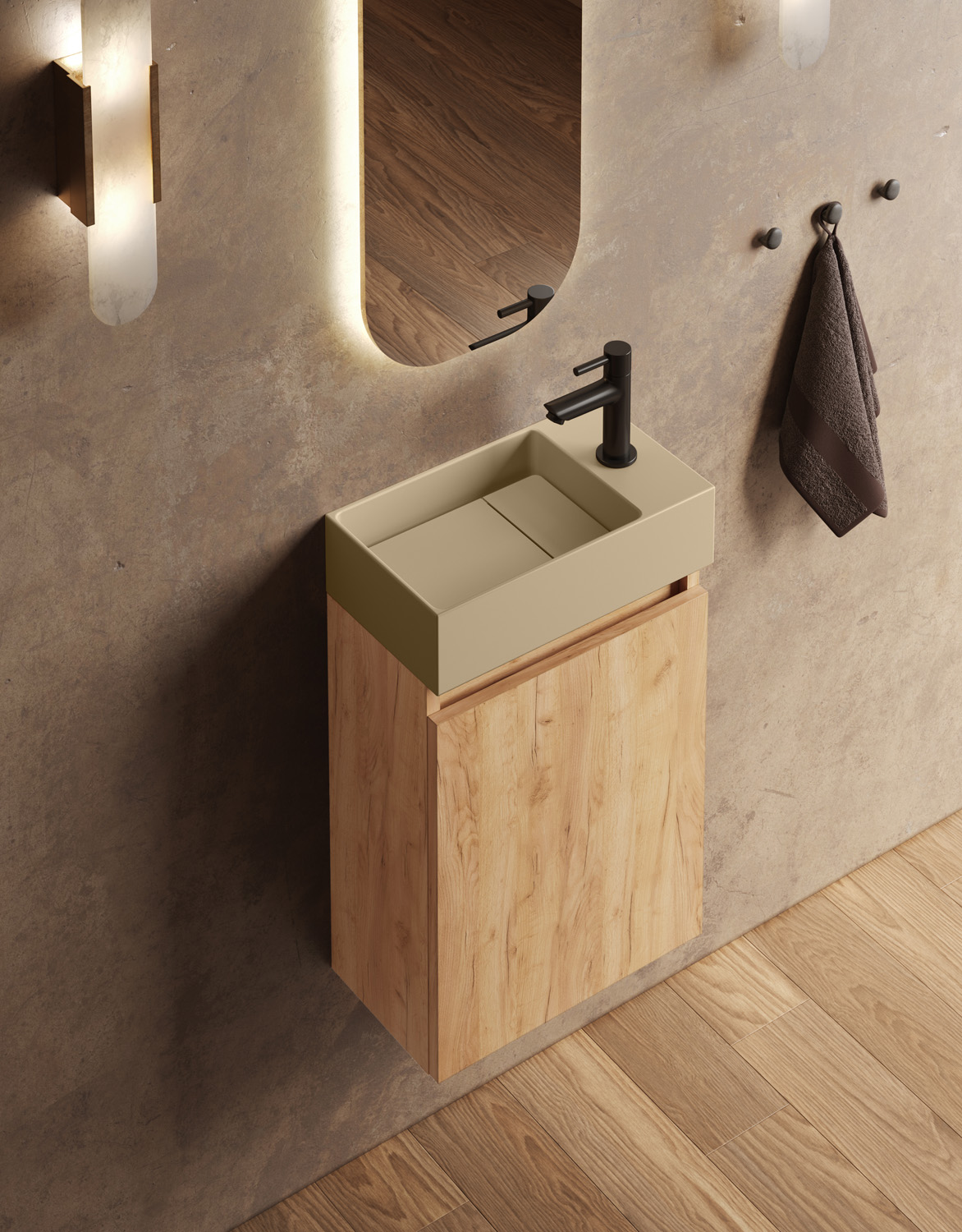 Fontana Itsie toiletmeubel warm eiken 40cm met fontein in mat licht ivoor