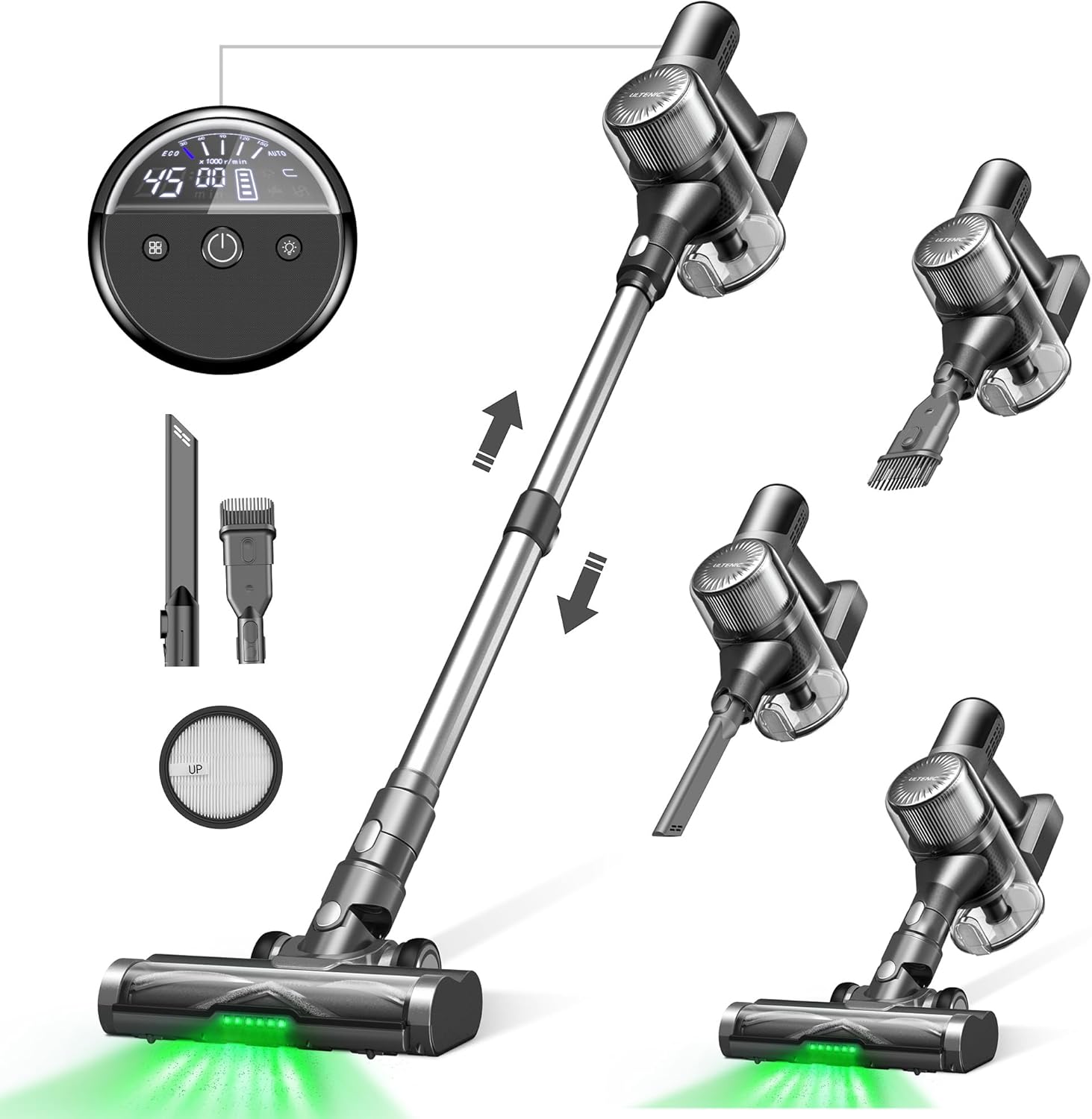 Ultenic U12 Vesla Akku Staubsauger 45000Pa, Tech Green Eye™, Verbesserte Anti-Tangle-Bürste, Staubsauger Kabellos mit Automatikmodus, Stielstaubsauger für Teppich Hartböden Tierhaare