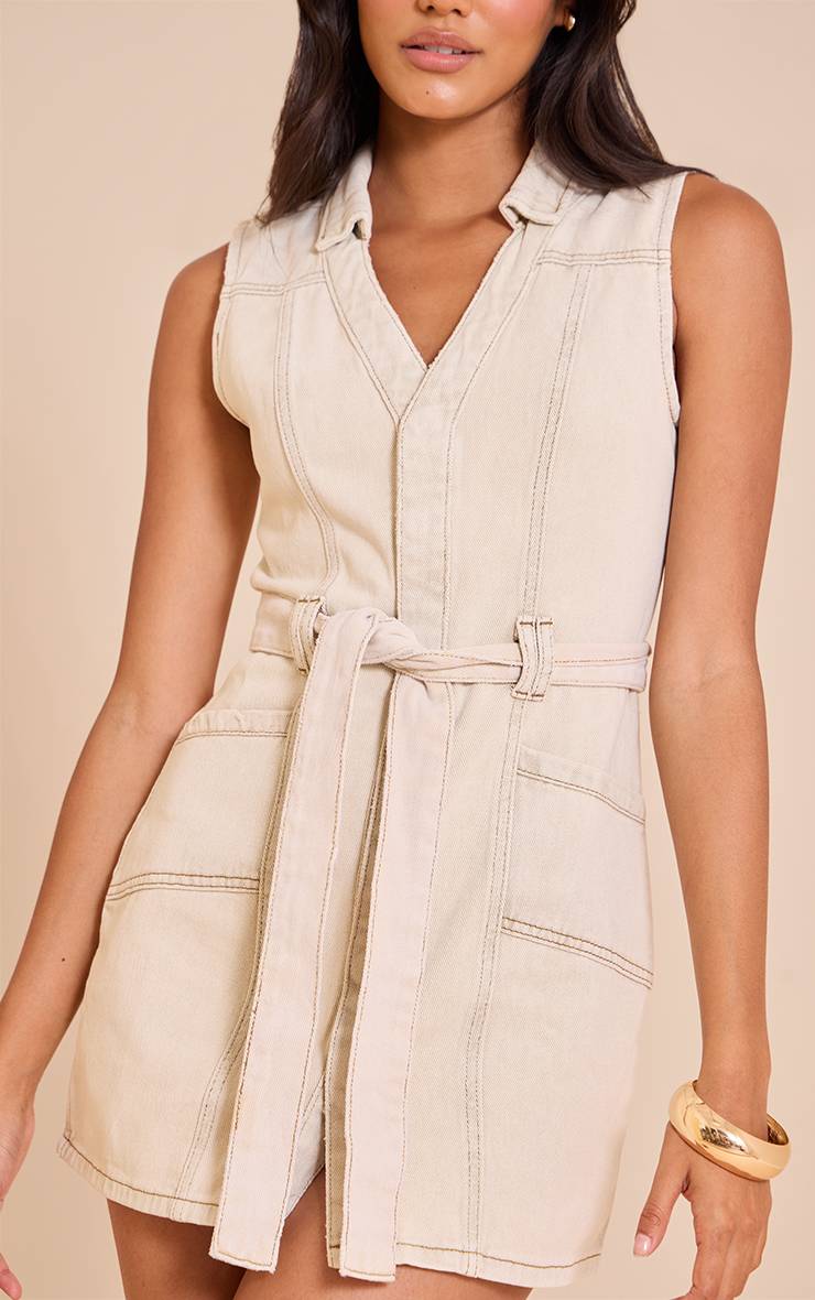 Gris Pierre Robe En Jean Utilitaire Avec Ceinture À Nouer
