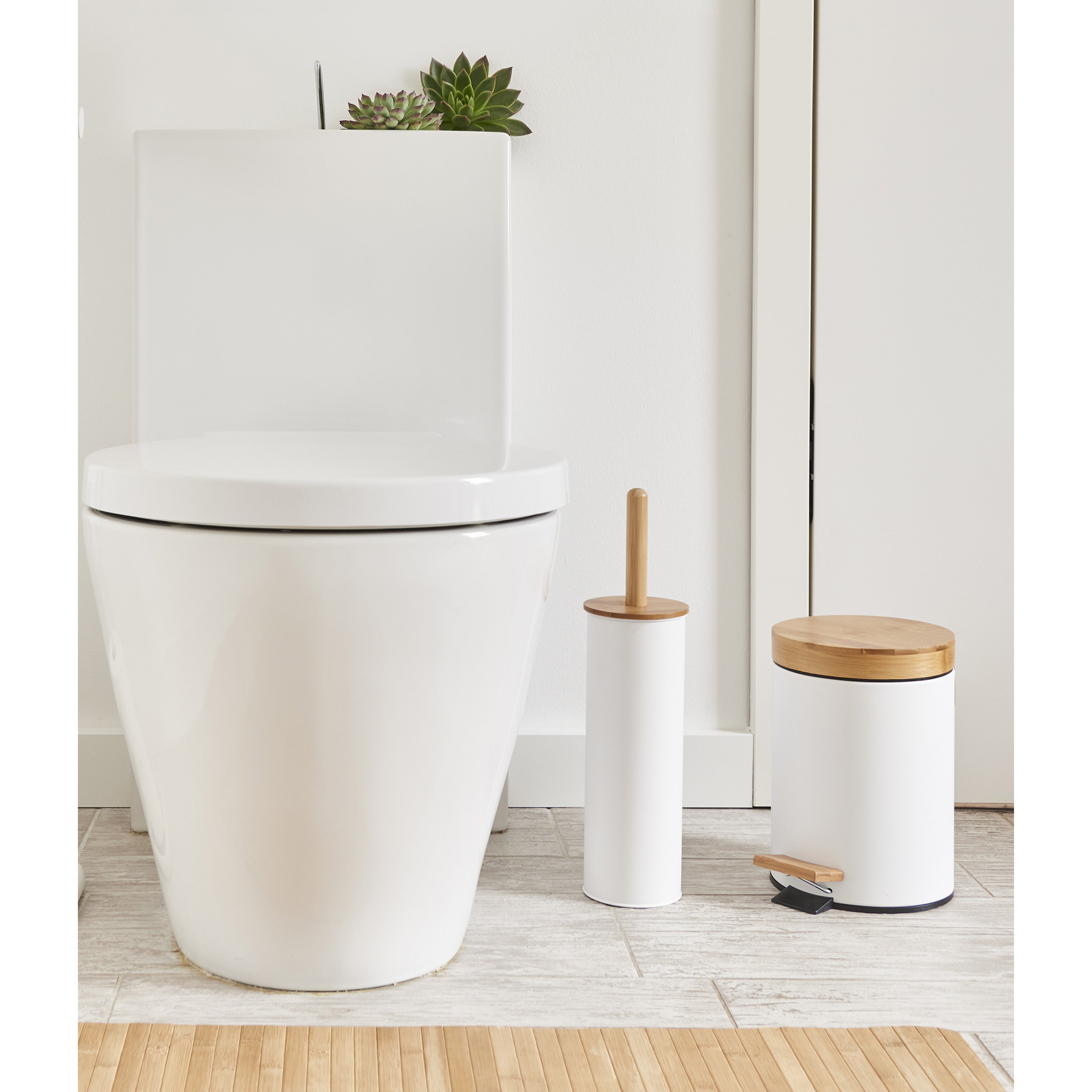 Zeller Pedaalemmer - 3L - wit - metaal en bamboe - 24 cm