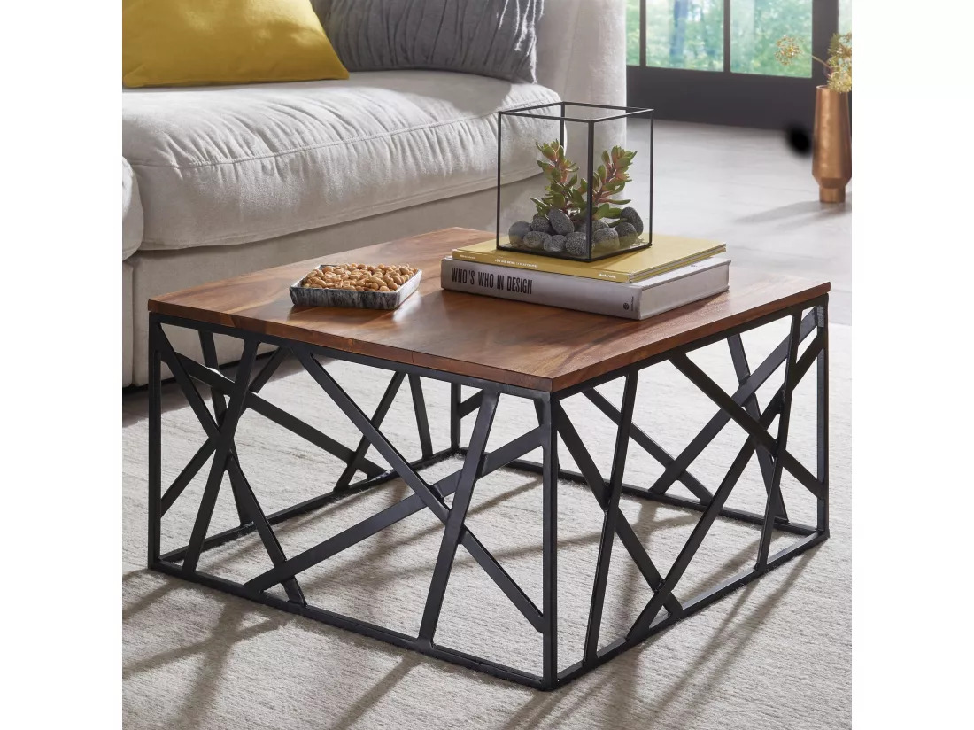 Table Basse Bois Massif Métal 60x35x60cm Table d'appoint Table de salon