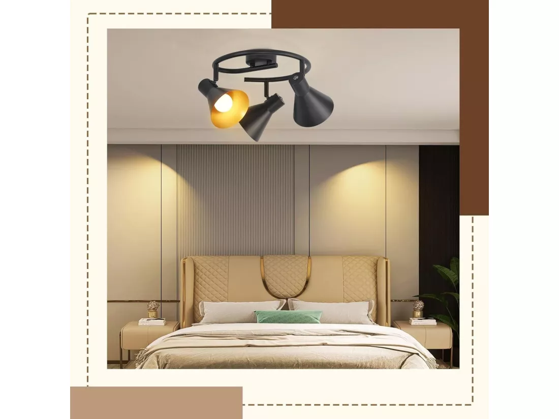 NETTLIFE 3 Spots Plafonnier Salon Noir Cuisine E14 Vintage Pivotante à 330°Industriel en Métal pour Chambre Couloir