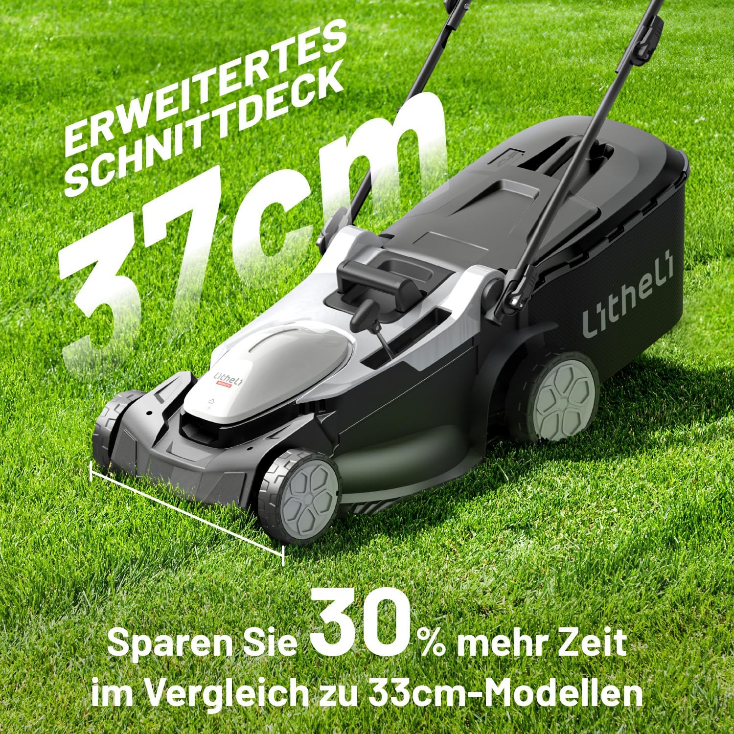 Litheli Akku Rasenmäher, 2 x 20V, 37cm Schnittbreite, Brushless, bis 300 m², 40L Fangkorb, 25-75 mm Schnitthöhe, Rasenmäher Akku inkl. 2 x 4,0 Ah Akkus