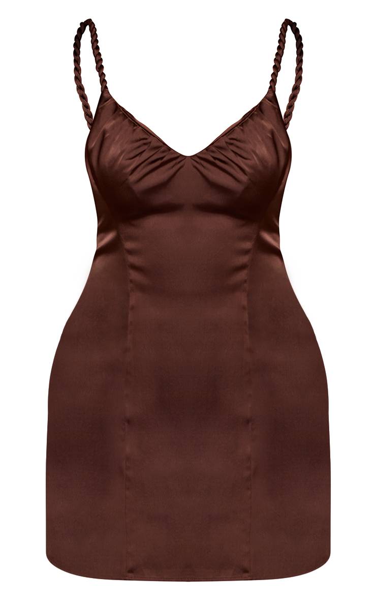 Marron Mini Robe Moulante Shape À Bretelles Torsadées En Satin