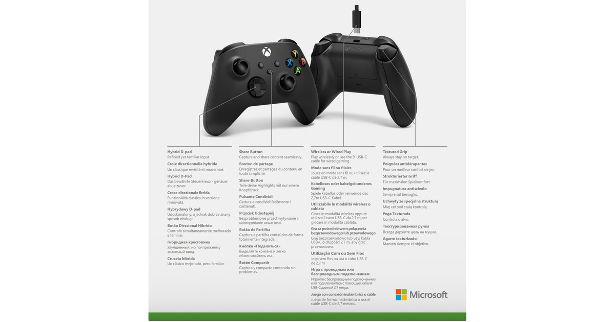 MicrosoftXbox Wireless Controller + USB-C kabel  (Zwart, Incl. USB-C-kabel | Pc, Xbox One, Xbox Series X, Xbox Series S)