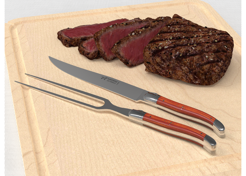 Service à viande Laguiole avec un manche en bois de rose et mitres en acier inoxydable