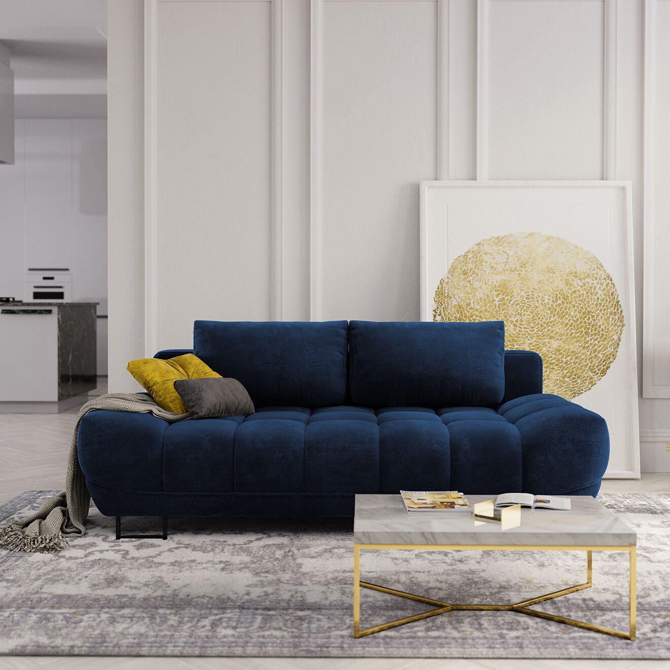 Windsor & Co Canapé Velours convertible avec Coffre de Rangement Cirrus bleu roi - 215x112x90 cm