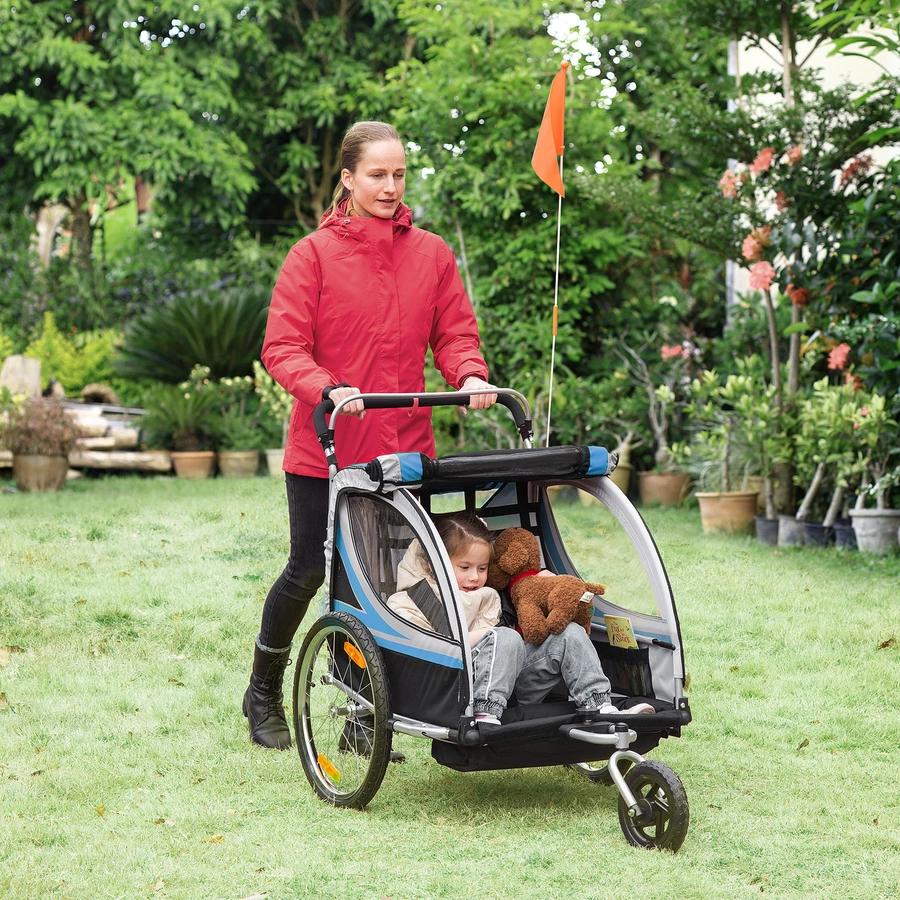 HOMCOM Kinderfahrradanhänger mit Aufbewahrungstasche blau, grau, schwarz, silber