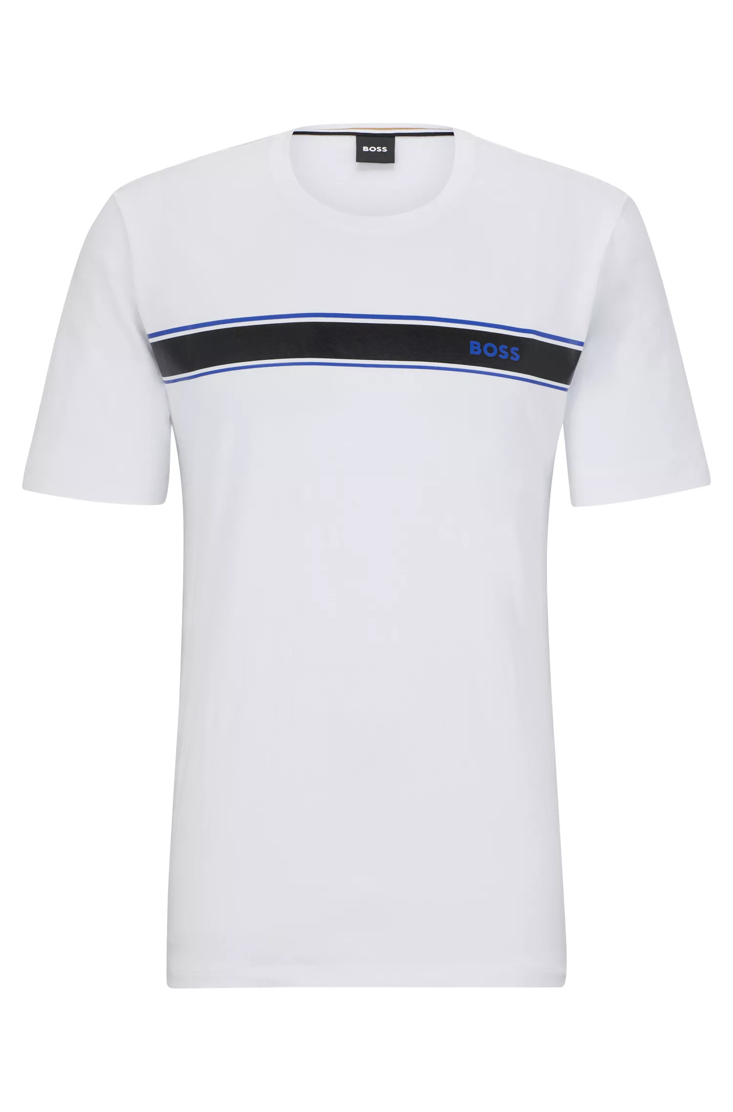 Camiseta de pijama BOSS preta em algodão stretch com listras e logotipo.