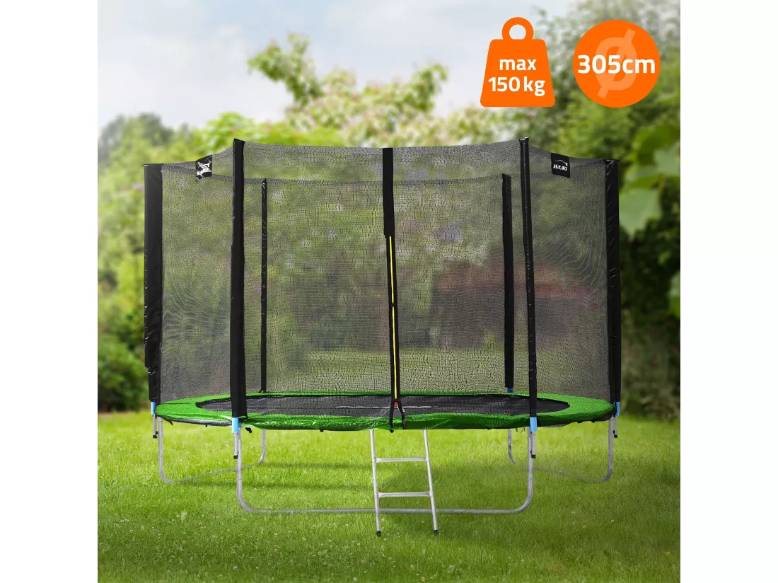 Hauki Trampoline Outdoor, Ø305 cm, vert, certifié GS, trampoline de jardin rond pour enfants jusqu'à 150 kg, set complet avec filet de sécurité, échelle, couverture des bords, barres rembourrées, trampoline stable pour enfants